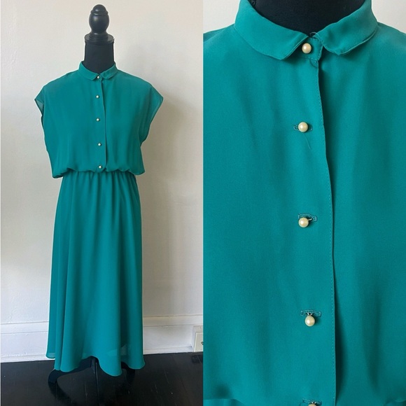 Vintage Pat Richards Emerald Green Button Up Collared Midi Dress - Picture 1 of 8